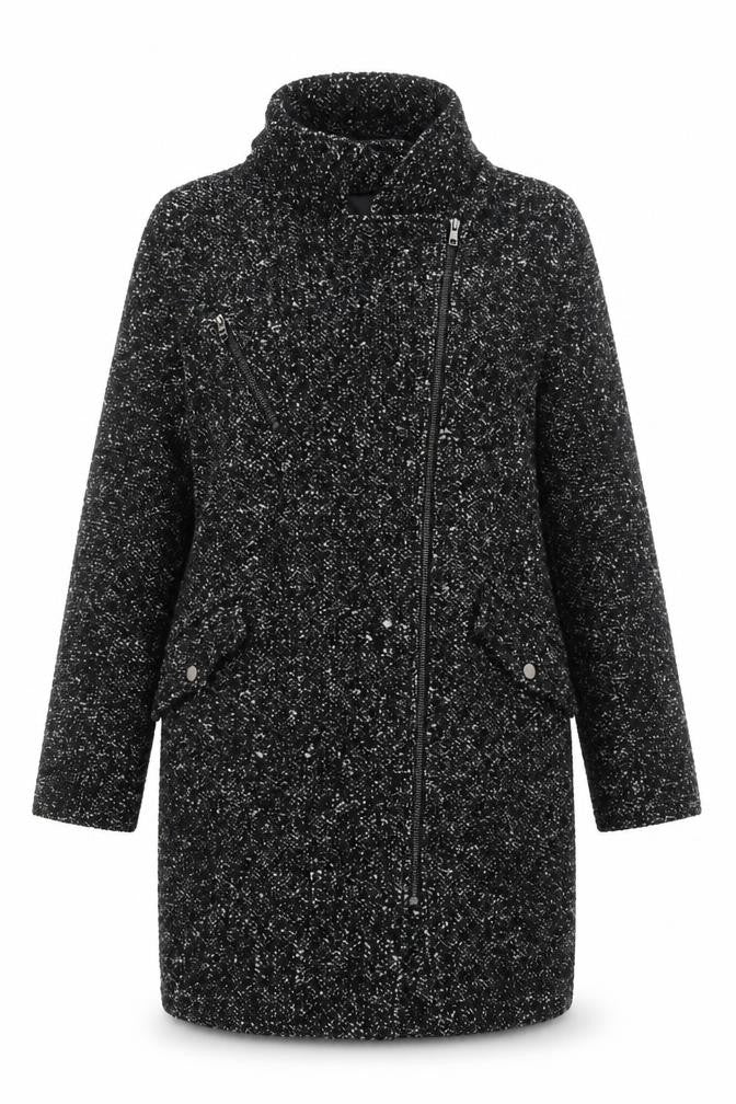 Front view of Warehouse Women's Black Mid-Length Tweed Coat, size 12