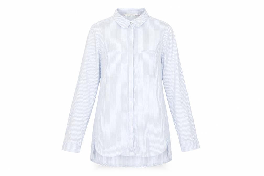Front view of White Stuff Women's Blue Striped Button-Up Shirt, size 8