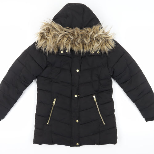 Next Girls Black Puffer Jacket 9 Years Hooded Fur Trim Winter