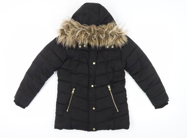 Next Girls Black Puffer Jacket 9 Years Hooded Fur Trim Winter