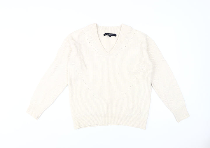 French Connection Women's White Knit V-Neck Jumper S