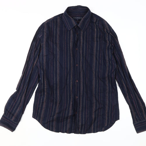 French Connection Men's Blue Striped Long Sleeve Shirt L