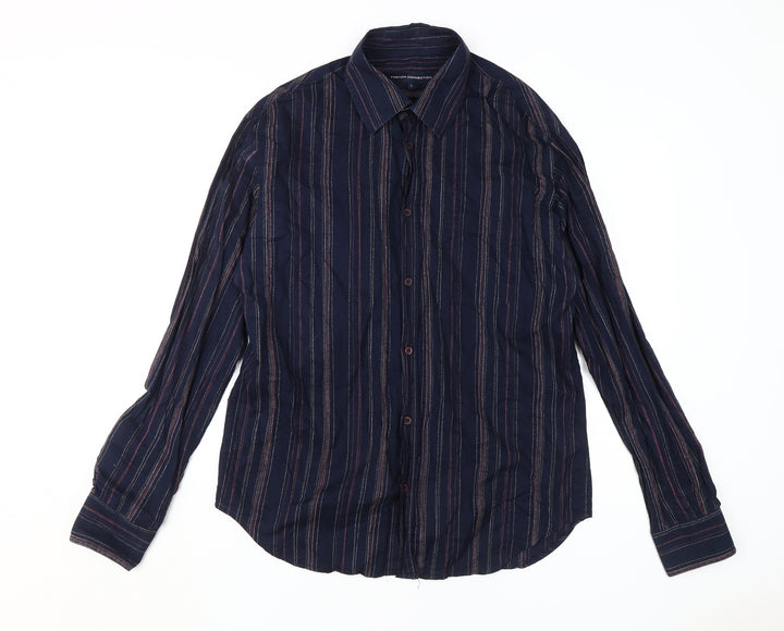 French Connection Men's Blue Striped Long Sleeve Shirt L