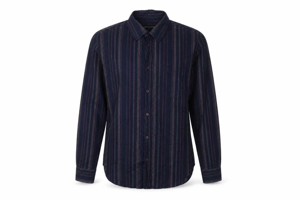 French Connection Men's Blue Striped Long Sleeve Shirt L