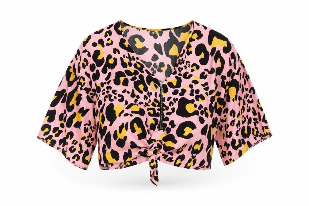 Topshop Women's Pink Animal Print Cropped Blouse Size 10