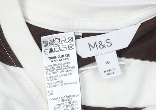 Marks and Spencer Women's Brown Striped T-Shirt Size 16