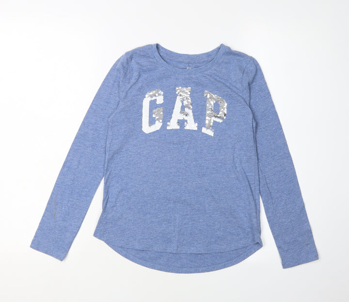 GAP Girls Blue Sequin Logo Long Sleeve T-Shirt, Size L