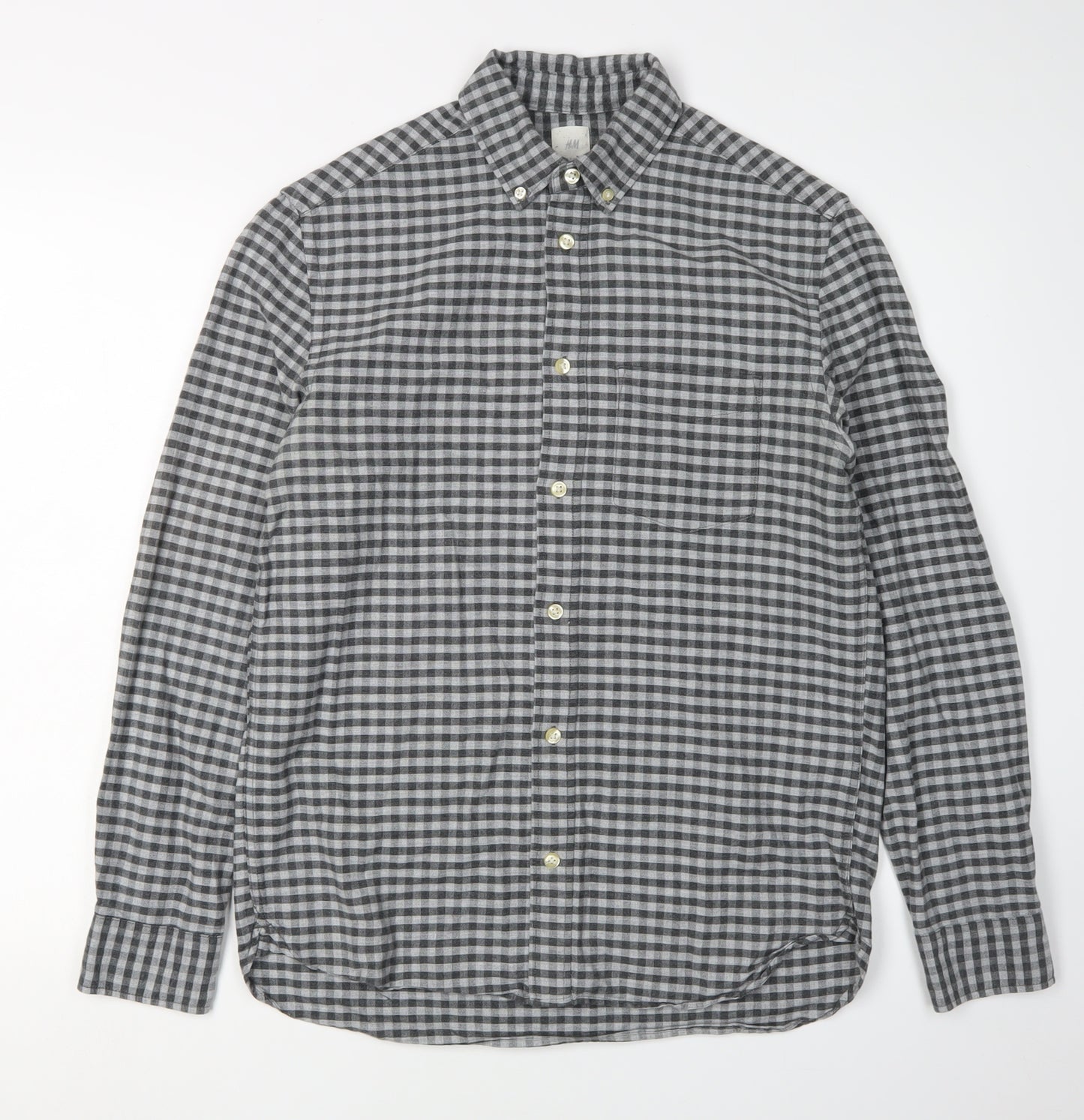 H&M Men's Grey Check Button-Up Shirt, Size S, Regular Fit