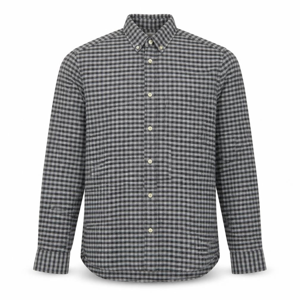 Front view of H&M Men's Grey Check Button-Up Shirt, size S, Regular Fit