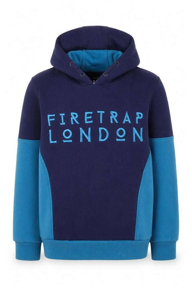Front view of Firetrap boys’ blue hoodie, 7-8 years, pullover, casual