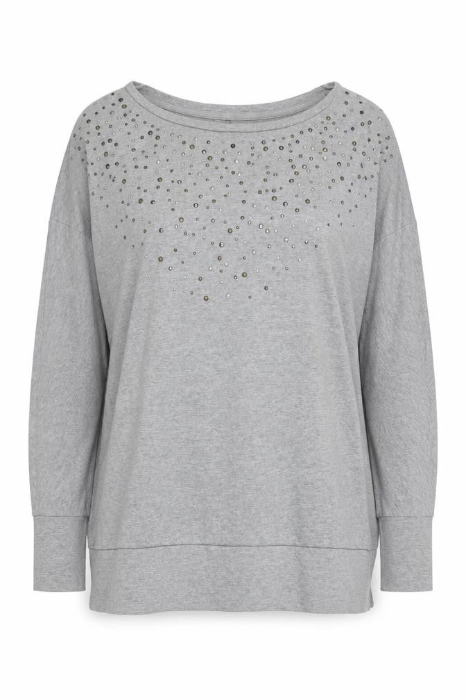 Front view of DKNY Women’s Grey Studded Pullover Sweatshirt Medium