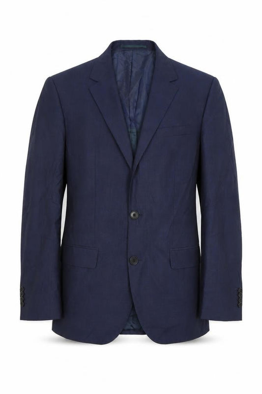 Front view of Hugo Boss men’s blue wool silk blazer, size 38r, formal