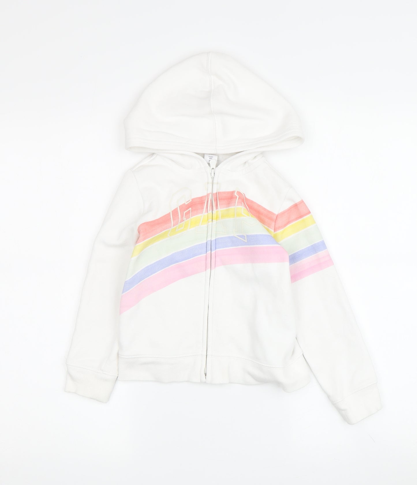 GAP Girls Full Zip White Hoodie with Rainbow Logo, Size 5