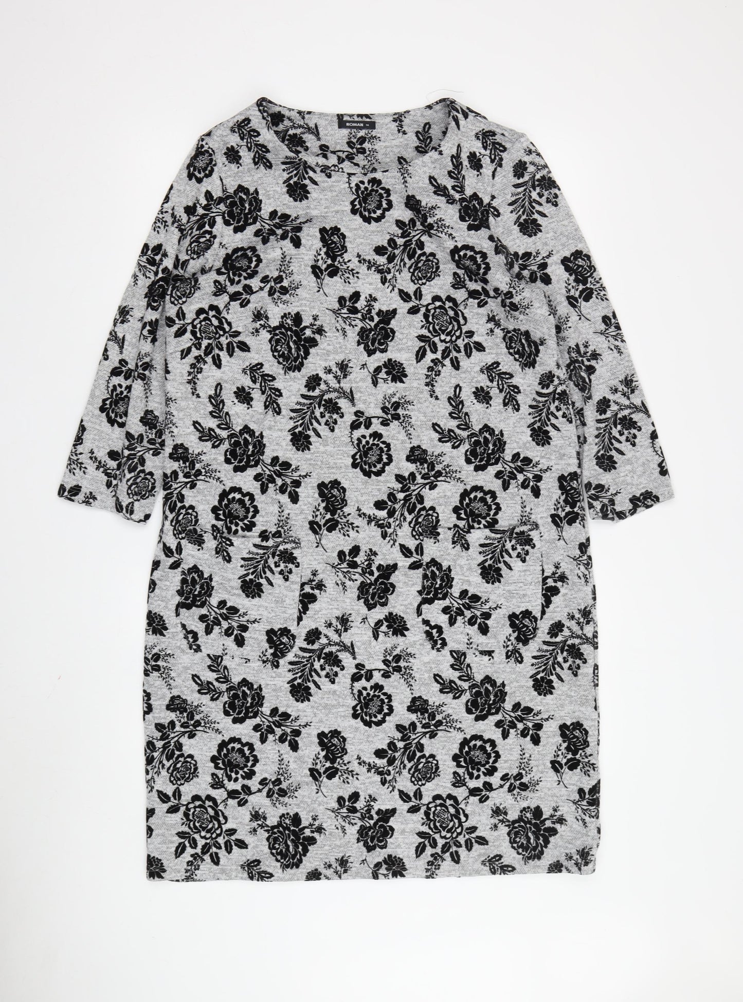 Roman Women's Grey Floral Shift Dress Size 14