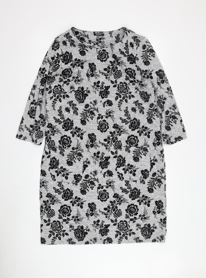 Roman Women's Grey Floral Shift Dress Size 14