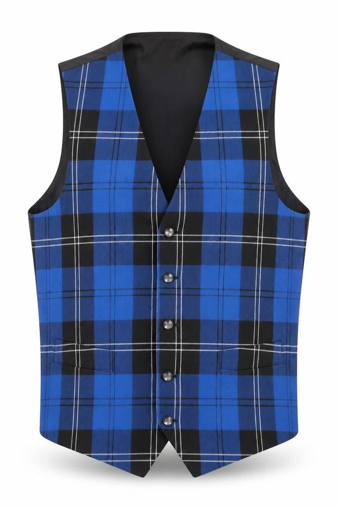 Front view of Get Shirty Men's Blue Check Waistcoat, size 40, Formal Style