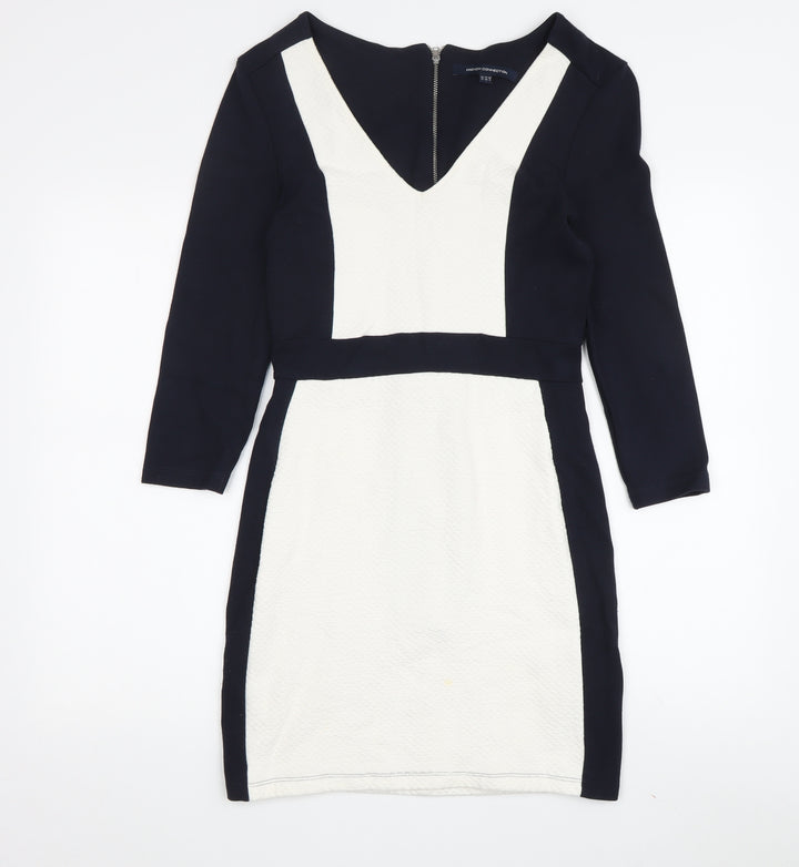 French Connection Women's Black and Ivory Bodycon Dress - Size 12
