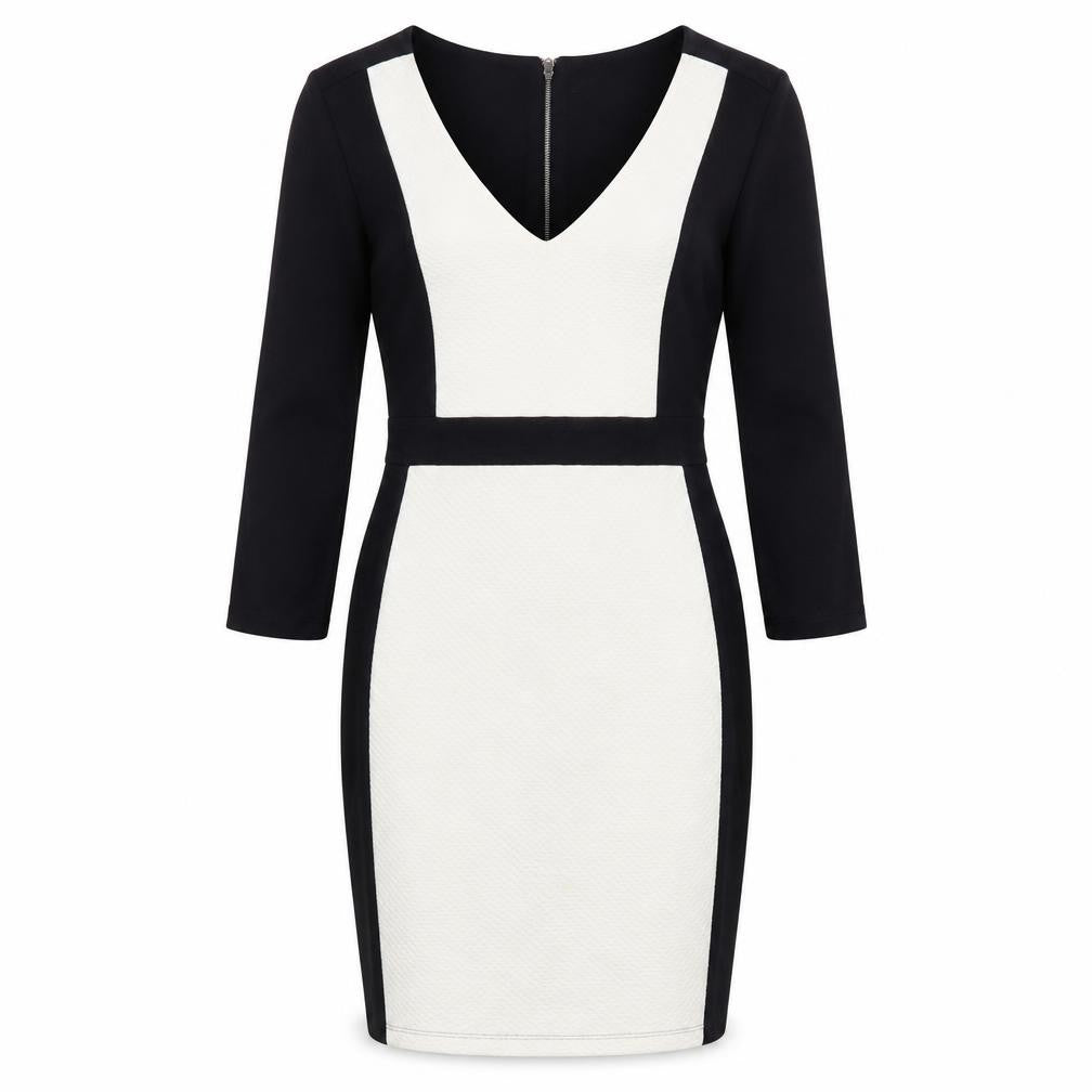 French Connection Women's Black and Ivory Bodycon Dress - Size 12