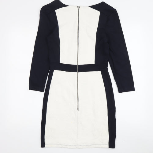 French Connection Women's Black and Ivory Bodycon Dress - Size 12