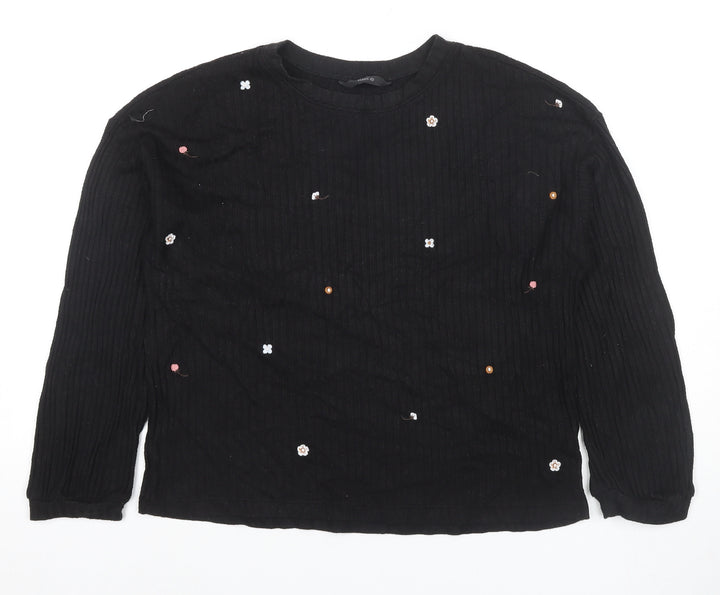 Marc Women's Black Knit T-Shirt, Size L, Embroidered Floral