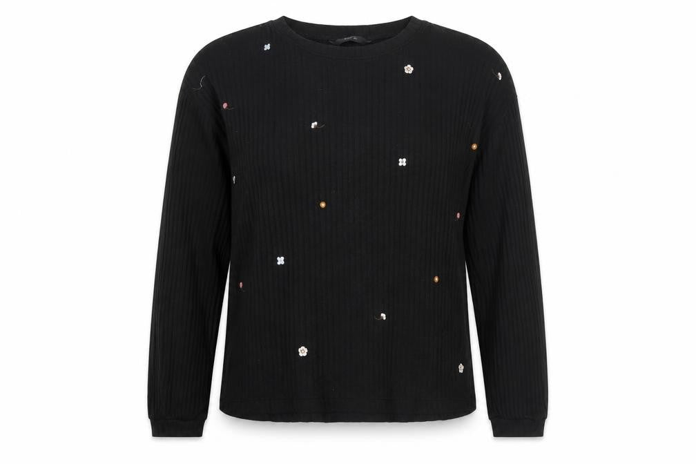 Marc Women's Black Knit T-Shirt, Size L, Embroidered Floral