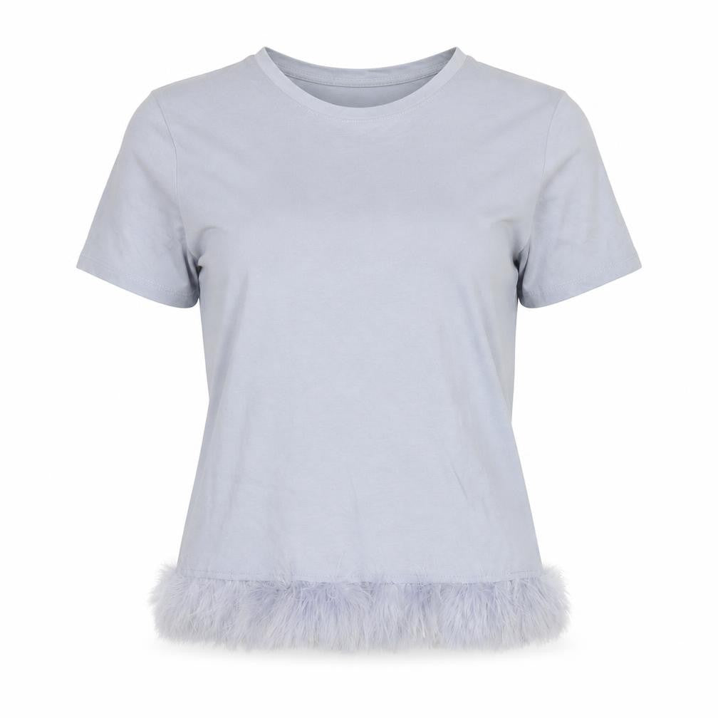 Front view of River Island Women's Grey Fur Trim T-Shirt, size 12