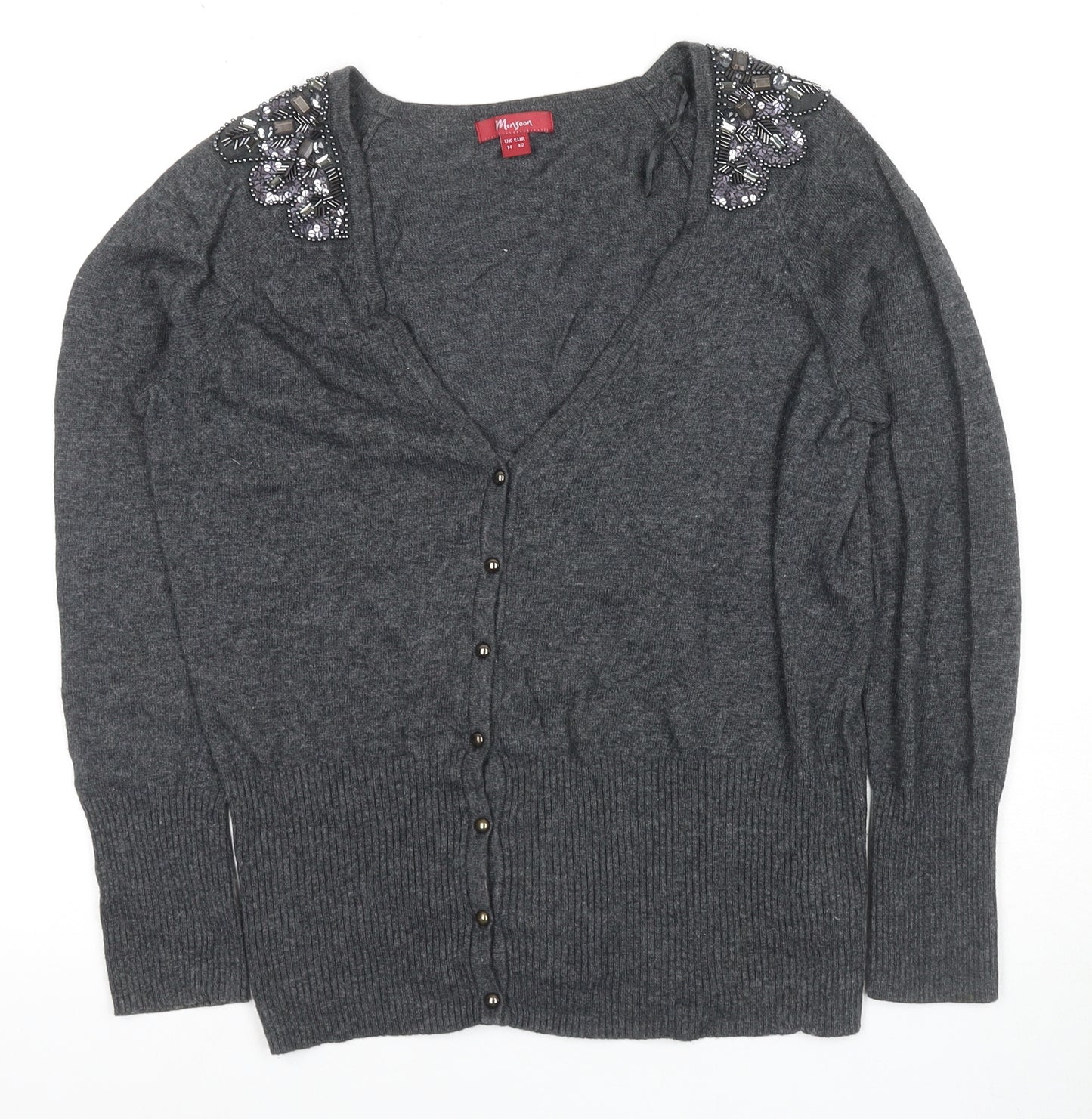 Monsoon Women's Grey Cardigan Size 14 with Beaded Accents