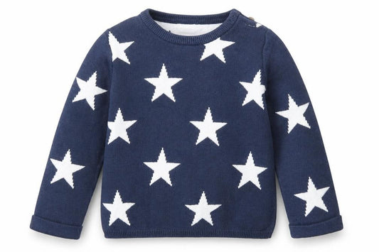 Front view of Next unisex baby blue star pullover, 12-18 months, cotton