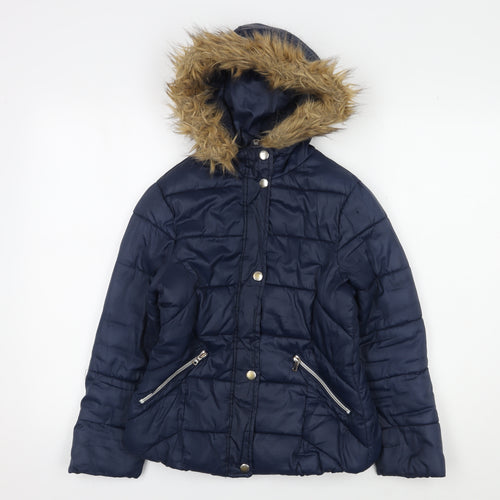 Zara Girls Blue Puffer Jacket 9-10 Years with Fur Trim Hood