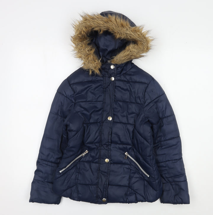 Zara Girls Blue Puffer Jacket 9-10 Years with Fur Trim Hood