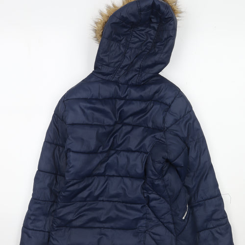 Zara Girls Blue Puffer Jacket 9-10 Years with Fur Trim Hood