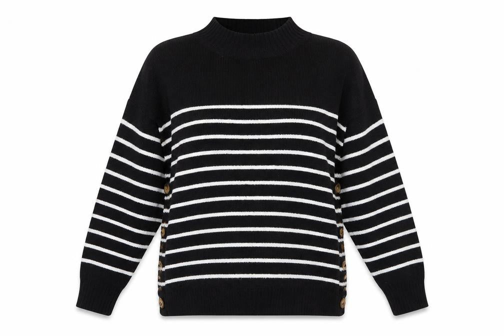 Front view of JoJo Maman Bébé Women's Black Striped jumper, S