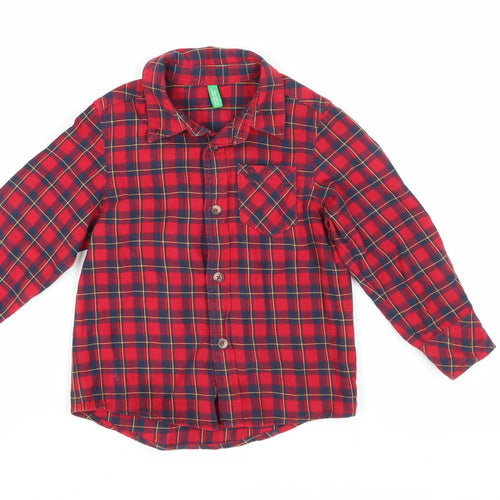 Benetton Boys Red Plaid Button-Up Shirt, 2 Years, Long Sleeve