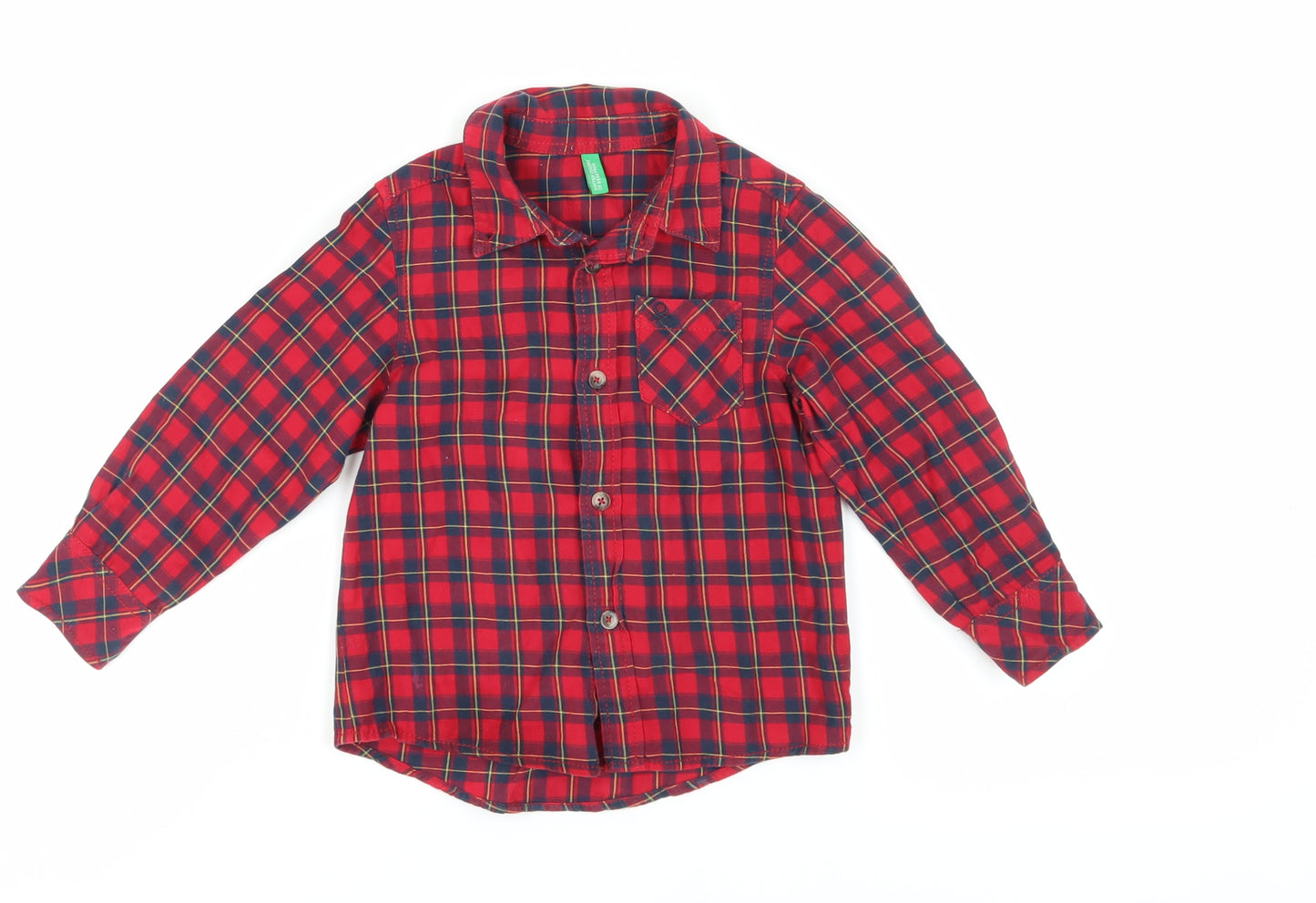 Benetton Boys Red Plaid Button-Up Shirt, 2 Years, Long Sleeve