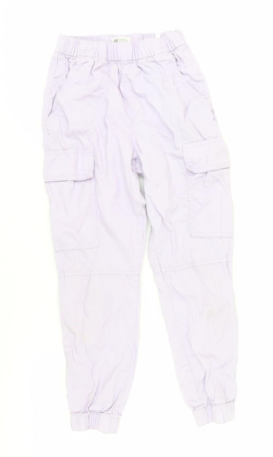 H&M Girls Lilac Cargo Trousers, Size 9, Cotton, Elastic Waist