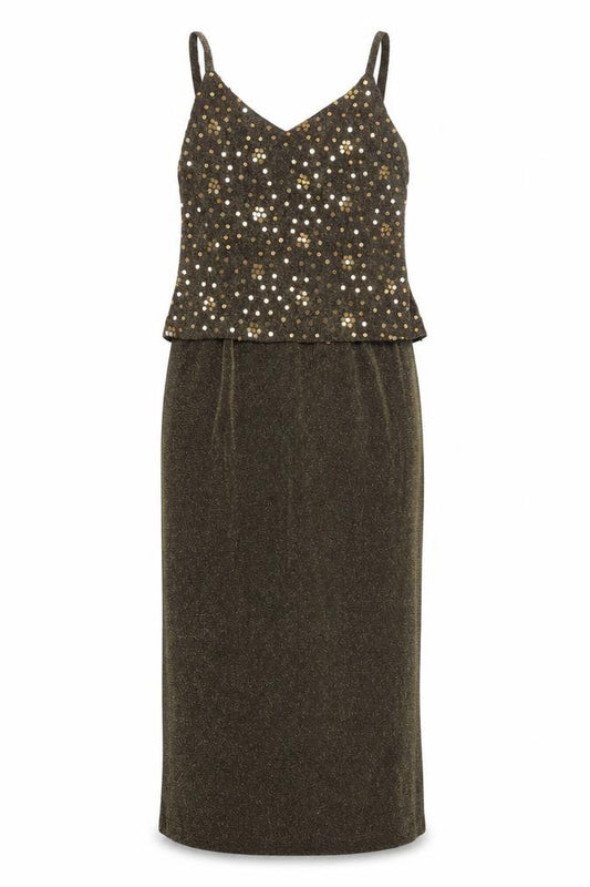 Front view of Alex Evenings Women's Gold Sequin Long Slip Dress, size 10