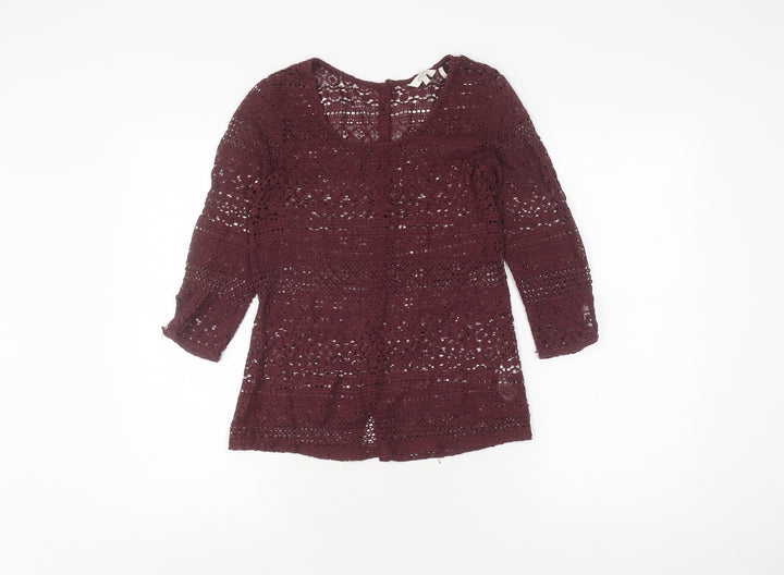FatFace Women's Red Crochet Blouse, Size 6, 3/4 Sleeve