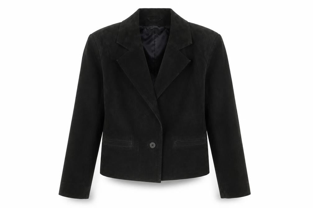 Front view of Avanti Women's Black Suede Jacket, size 8, Lined Classic