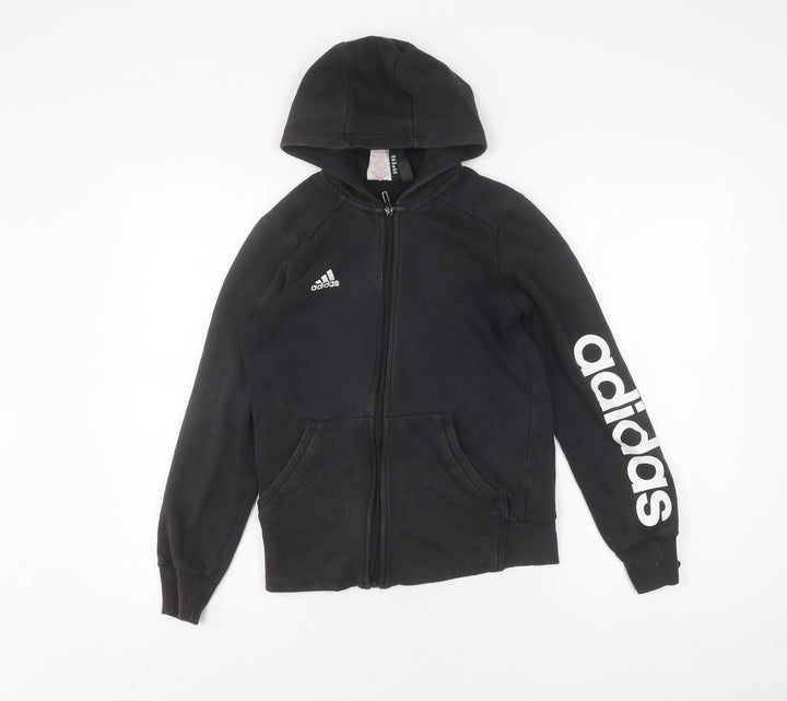 Adidas Boys Black Full Zip Hoodie, Size 12-13, Logo Accent