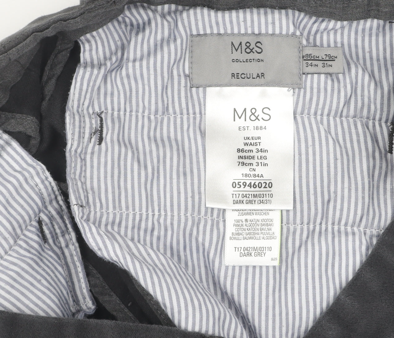 Marks and Spencer Men's Grey Chino Trousers Size 34