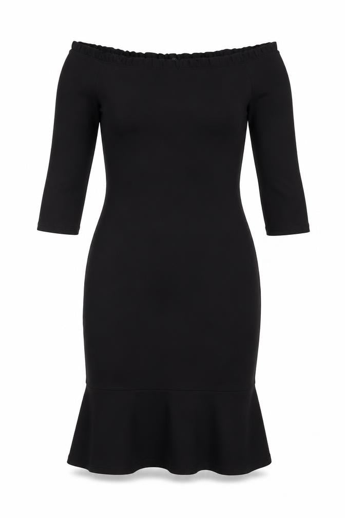 Front view of River Island Women's Black Bodycon Off Shoulder Dress, size 10