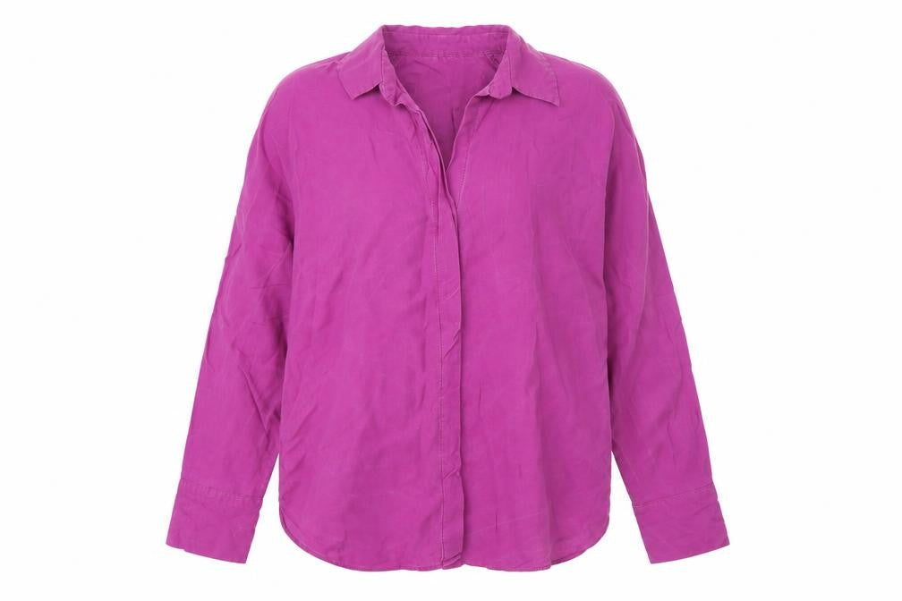 Front view of Mango Women's Purple Button-Up Long Sleeve Shirt