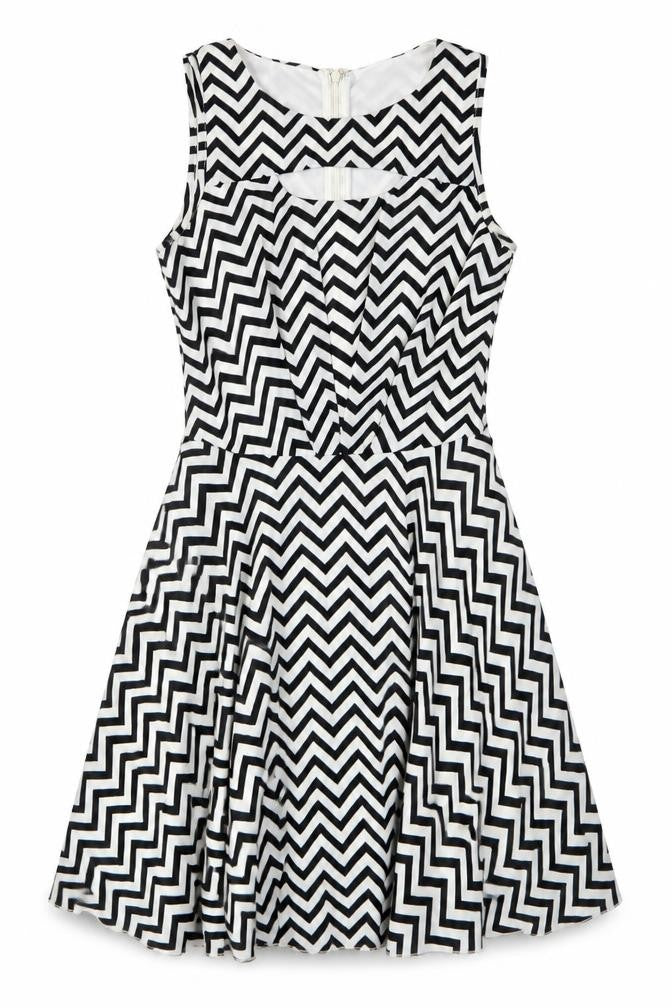 Front view of Quiz Women's White Chevron A-Line Dress, size 8