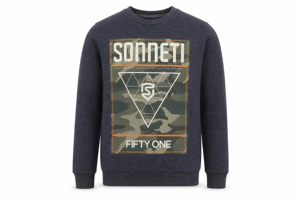 Front view of Sonneti boys’ blue camouflage graphic sweatshirt 12-13 years