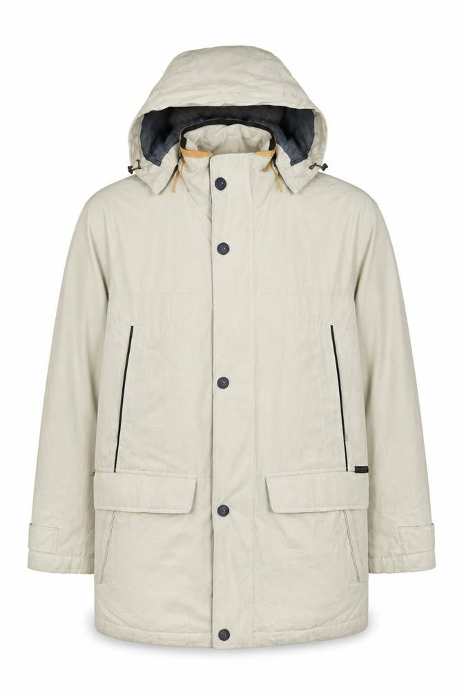 Front view of Bush Men's Beige Parka Coat, Size R36, Hooded Casual