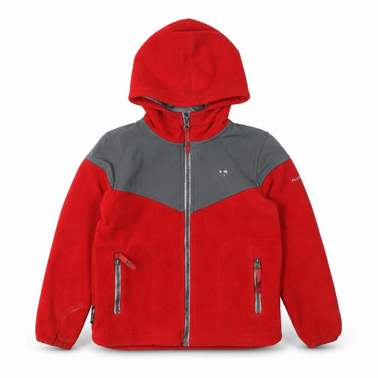Front view of Trespass boys’ red fleece hooded jacket, size 5-6, years