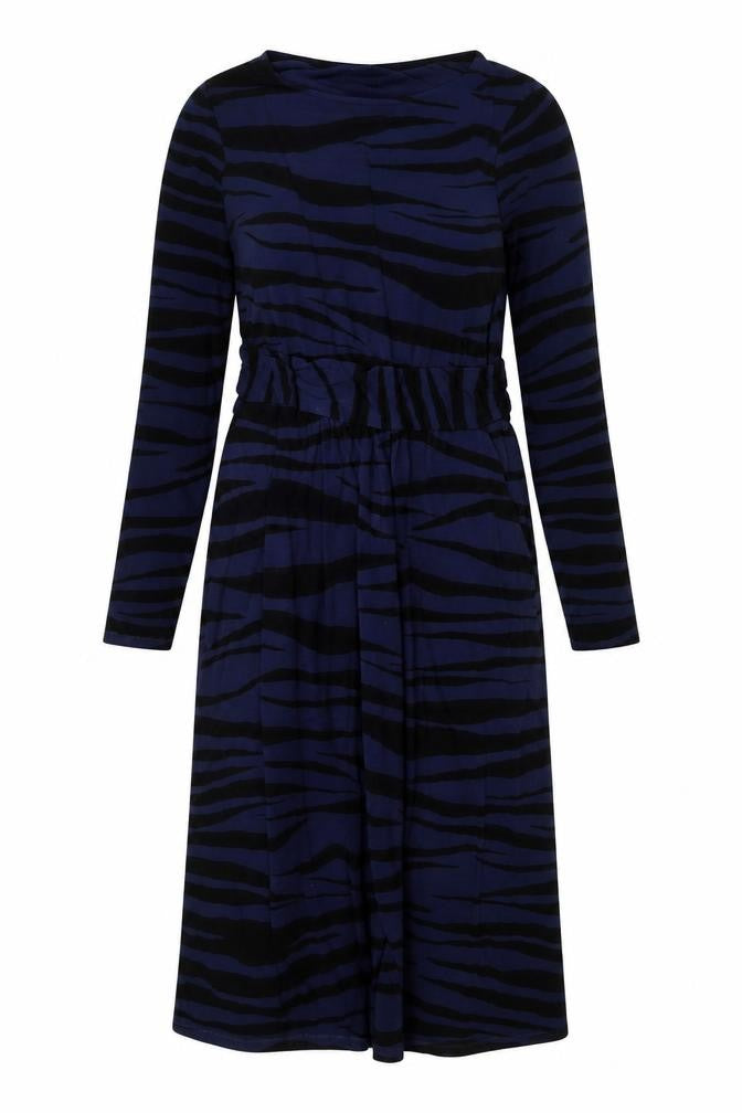Front view of Boden Women's Blue Animal Print Long Sleeve Dress