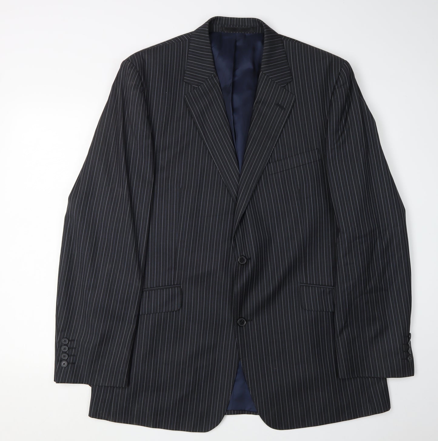 Jaeger Men's Black Pinstripe Blazer, Size 44L, Wool