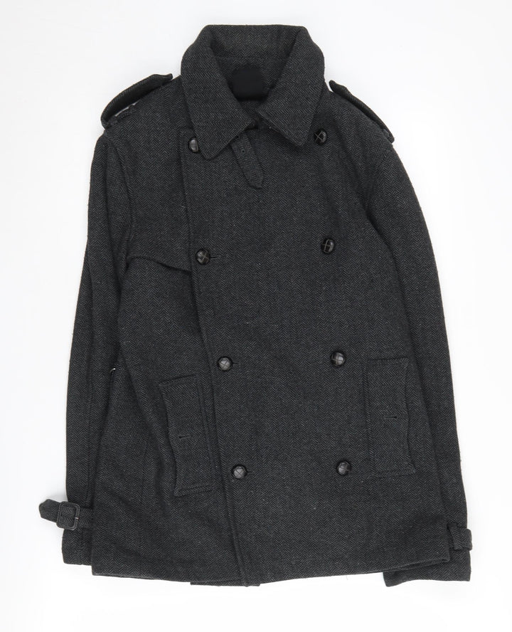 Topman Men's Black Herringbone Overcoat Size S