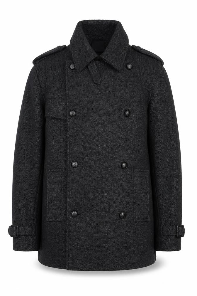Front view of Topman Men's Black Herringbone Overcoat, size S